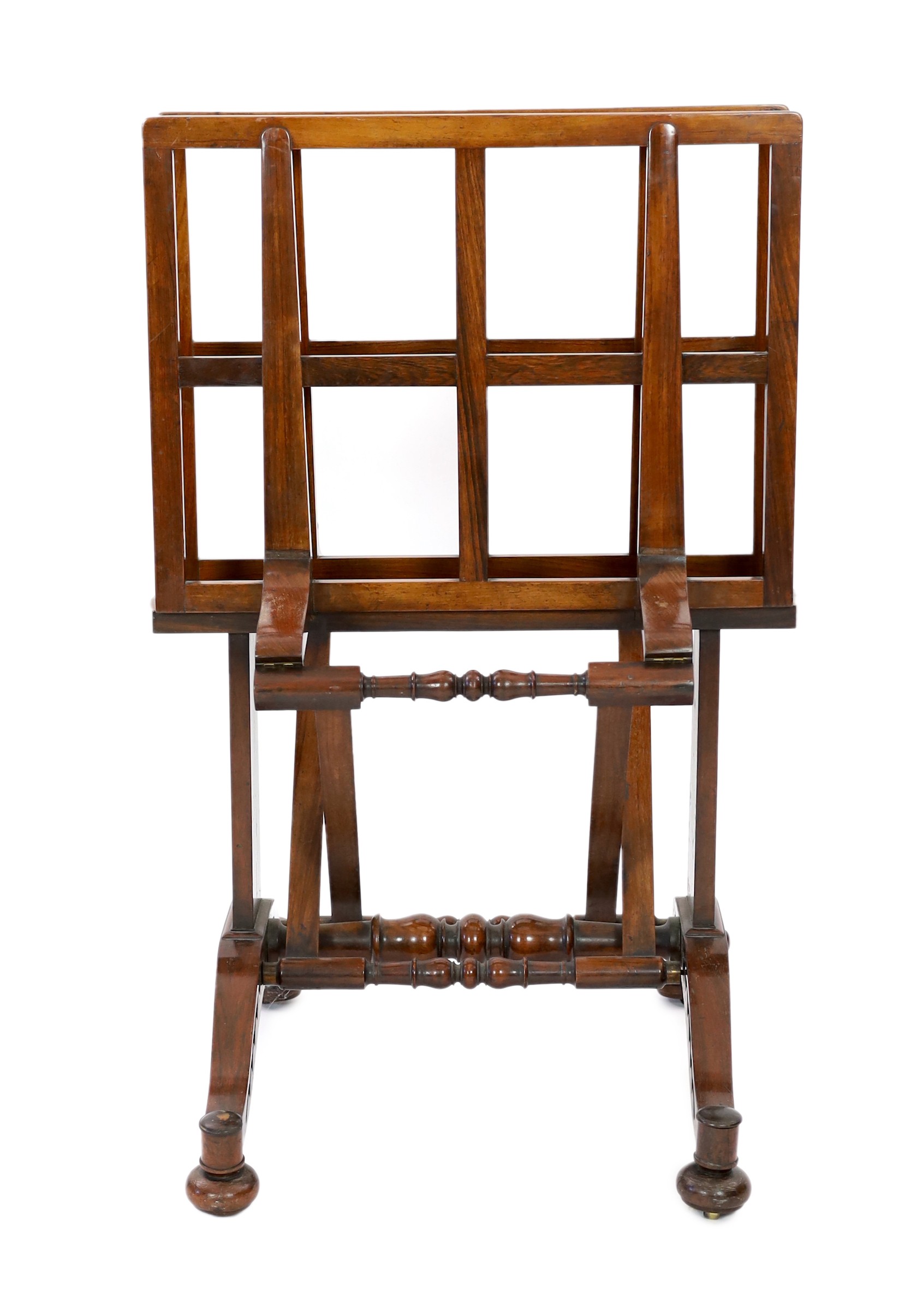 An early Victorian rosewood folio stand, width 72cm height 112cm